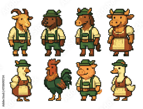 Pixel art farm characters dressed in traditional german attire