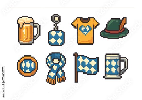 Pixel art oktoberfest icons with beer, bavarian flag, hat, and festive apparel