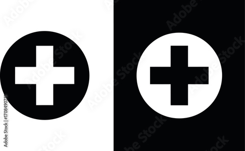 Minimalist medical cross symbol design in black and white circles healthcare and wellness icon vector