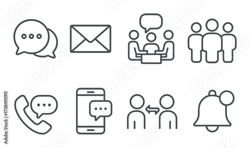 Dark matte communication icons: chat, email, meeting, phone, notification