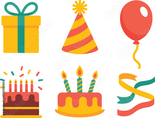 Celebration icons set birthday party elements gift box cake hat balloon ribbon confetti festive