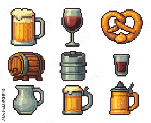 Pixel art beer and wine icons featuring mugs, barrels, and pretzel on yellow background