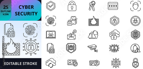 A modern set of 25 editable outline icons for cybersecurity, privacy, and secure digital services. Includes symbols for encryption, authentication, firewalls, malware, phishing, VPN, cloud security