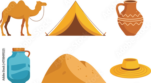 Flat style desert lifestyle elements featuring camel tent pottery water bottle sand dune hat