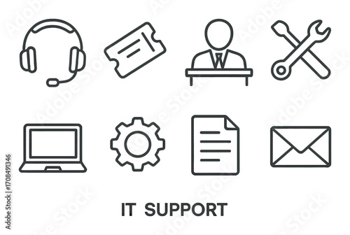 It support icons: headset, ticket, person, tools, laptop, gear, document, email