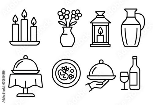 Elegant dining icons: candle, vase, lantern, pitcher, food dome, plate, wine