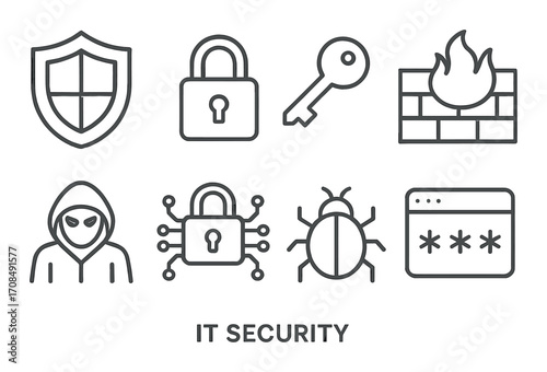 Cybersecurity elements: shield, lock, key, firewall, hacker, circuit, bug, password