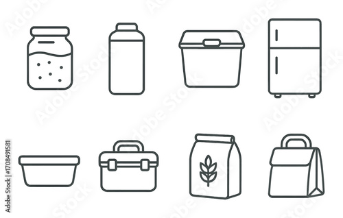 Monochrome kitchen storage icons: jars, cans, and containers on gradient background