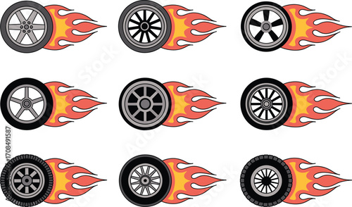 Nine fiery car wheels and tires in motion speeding fast collection