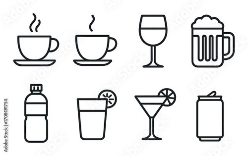 Icons of various beverages: coffee, beer, wine, water, juice, cocktail, soda