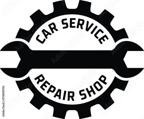 Classic black and white car service and repair shop logo with wrench and gear