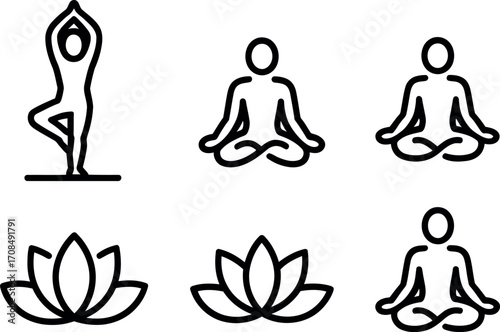 Minimalist line art yoga poses and lotus flowers for wellness and meditation vector