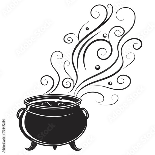 Black silhouette of a bubbling cauldron with swirling steam isolated on white background silhouette