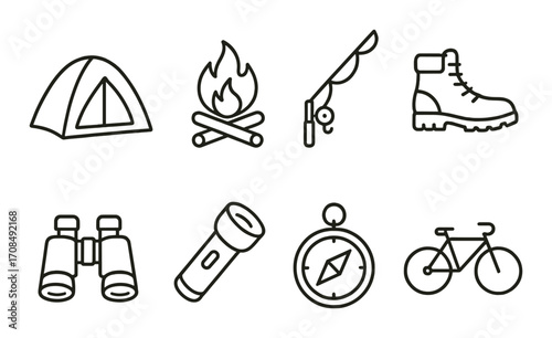 Camping and outdoor adventure icons: tent, campfire, fishing, hiking, binoculars, flashlight, compass, bicycle