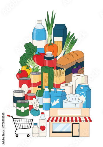 A pyramid of assorted groceries and food items with a shopping cart and store.