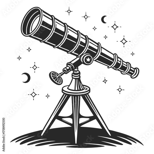 Vintage telescope silhouette observing stars and moon isolated on white background