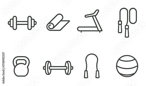 Minimalist gym equipment icons: dumbbell, treadmill, jump rope, kettlebell, yoga mat
