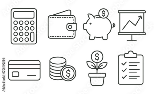 Financial icons set: calculator, wallet, piggy bank, graph, credit card, coins, plant, checklist