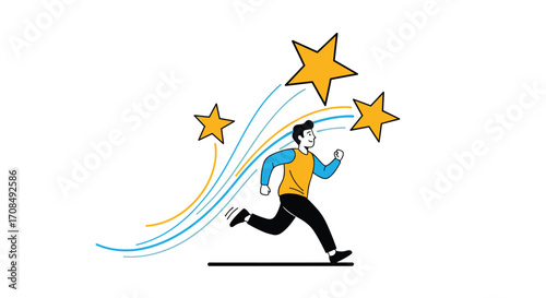 A person running towards success with stars following behind.