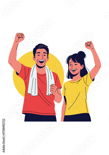 A happy couple celebrating a victory with fists raised in the air.