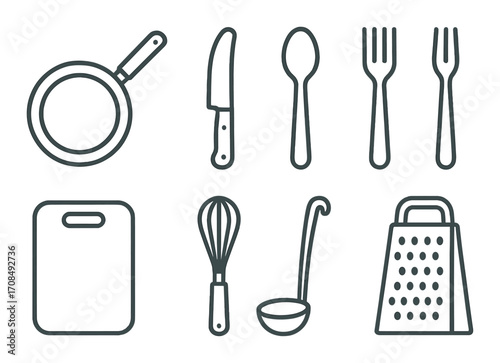 Outline of kitchen utensils including knife, spoon, fork, grater, and more