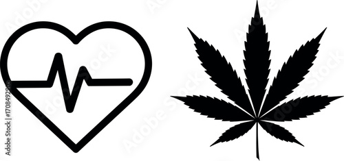 Minimalist black and white graphic icons representing health and cannabis symbolism vector