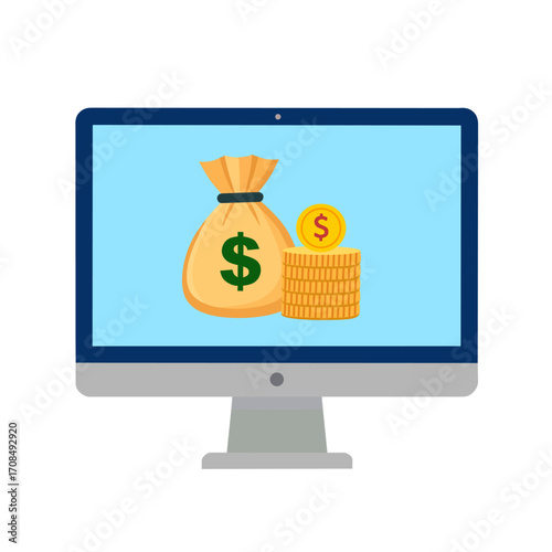 computer monitor displaying a money bag and stacked gold coins.
