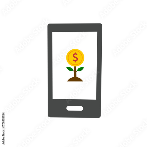 smartphone with a coin plant on the screen, symbolizing mobile banking, online investment, digital finance, money growth, fintech, and financial technology innovation.
