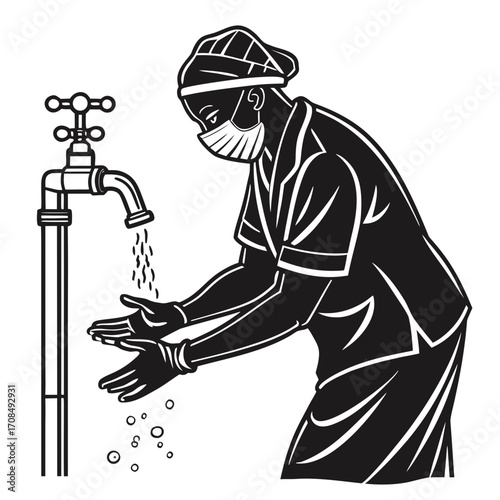 Healthcare worker washing hands with running water silhouette isolated on white background