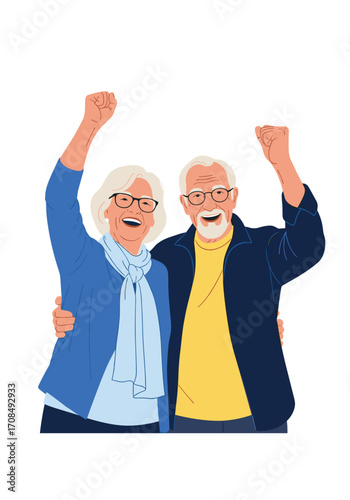 A happy senior couple celebrates together with raised fists.