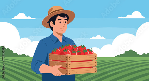 A farmer proudly carries a basket full of freshly harvested ripe red tomatoes in a field under a clear blue sky with scattered clouds.
