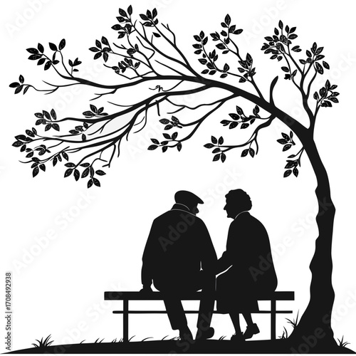 Elderly couple sitting on a bench under a tree silhouette isolated on white background