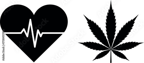 Simple black silhouette of heartbeat and cannabis leaf graphic symbols minimalist design vector
