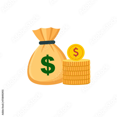 money bag and stacked gold coins with dollar sign.
