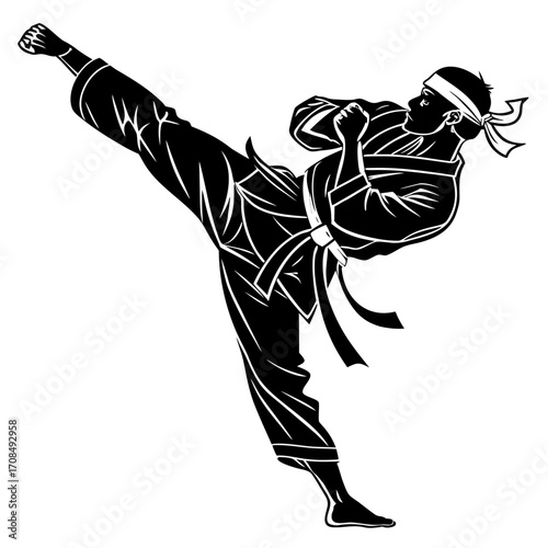 Martial artist performing a high kick silhouette isolated on white background