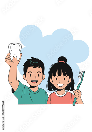 Two happy children with a toothbrush and tooth model.