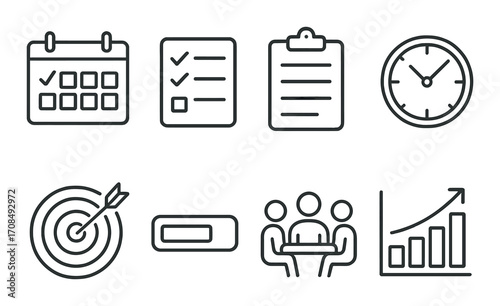 Business icons set: calendar, checklist, clipboard, clock, target, progress, meeting, growth