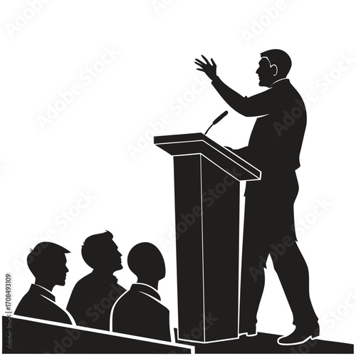 Man speaking at podium to audience silhouette isolated on white background