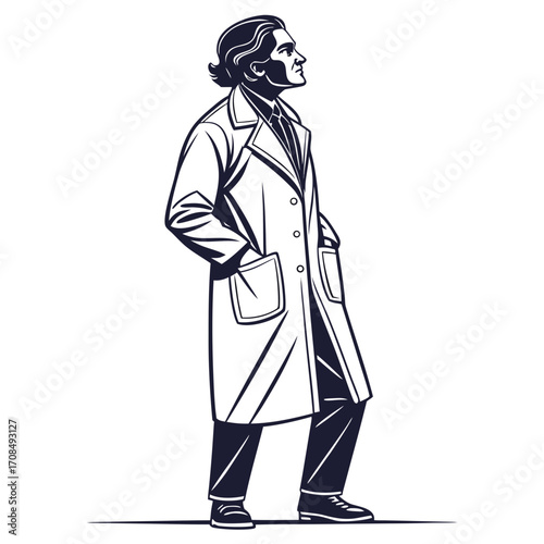 Man in a trench coat standing with hands in pockets silhouette isolated on white background
