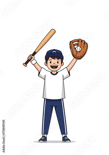 Young boy celebrating a victory with a baseball bat and glove.
