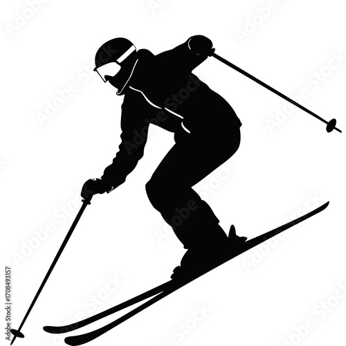 Silhouette of a skier in action isolated on white background