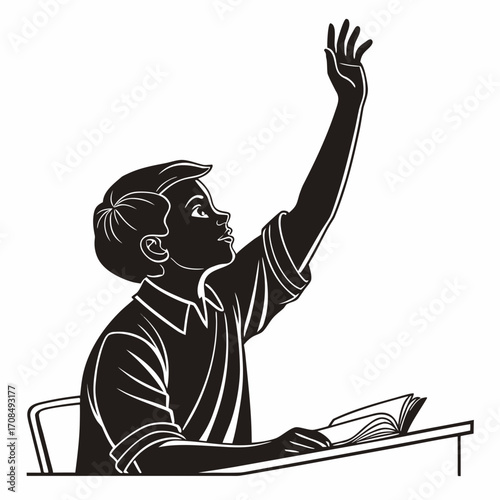 Young student raising hand in class silhouette isolated on white background