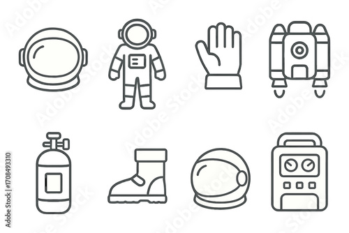 Collection of space equipment icons: helmet, spacesuit, jetpack, oxygen tank
