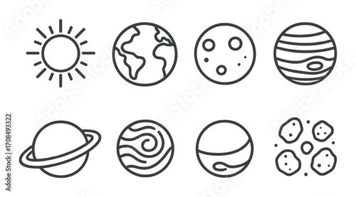 Abstract planet icons set with earth, sun, and moons on black background