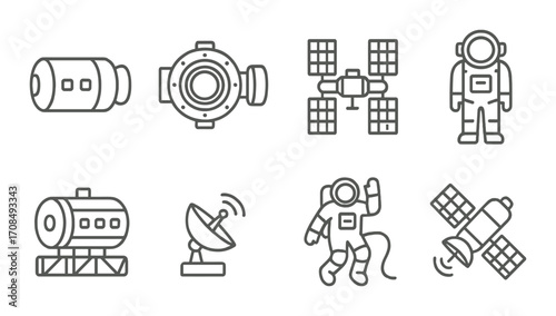 Space icons: astronauts, satellites, and telescopes on metal texture