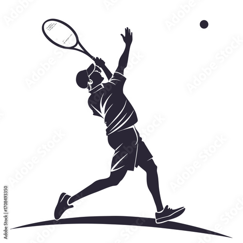 Tennis player serving ball silhouette isolated on white background