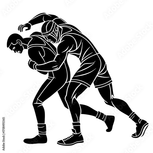Two male wrestlers in a dynamic struggle silhouette isolated on white background