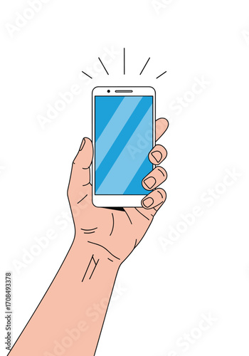A hand holding up a smartphone in the air showing a bright screen.