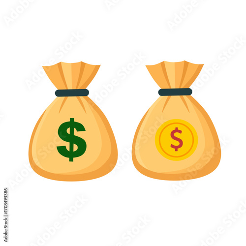 Two money bags illustration with dollar and coin symbols.
