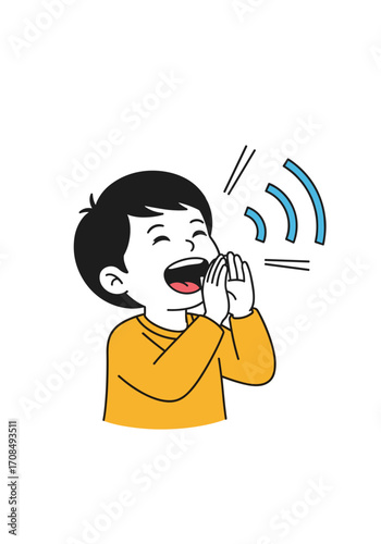 A young boy is loudly shouting or yelling with his hands cupped around his mouth making noise waves visible.
